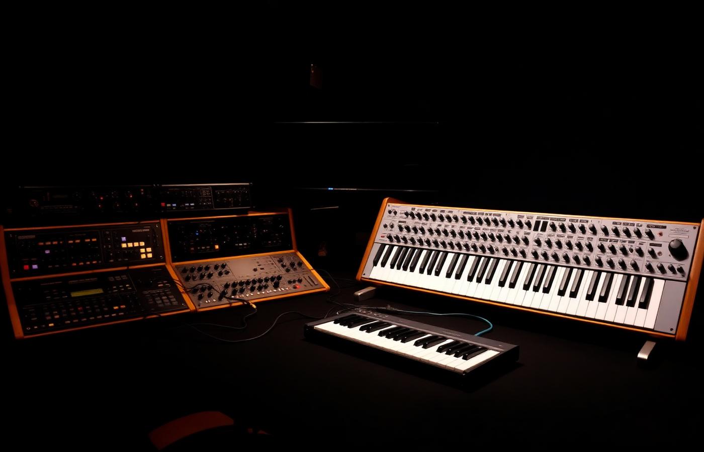 Synth analogici e moduli desktop su una scrivania da studio